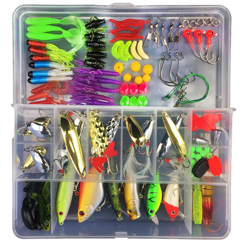 Junior entry-level fishing bait lure suit set in a PP storage box, showing multiple lure types.