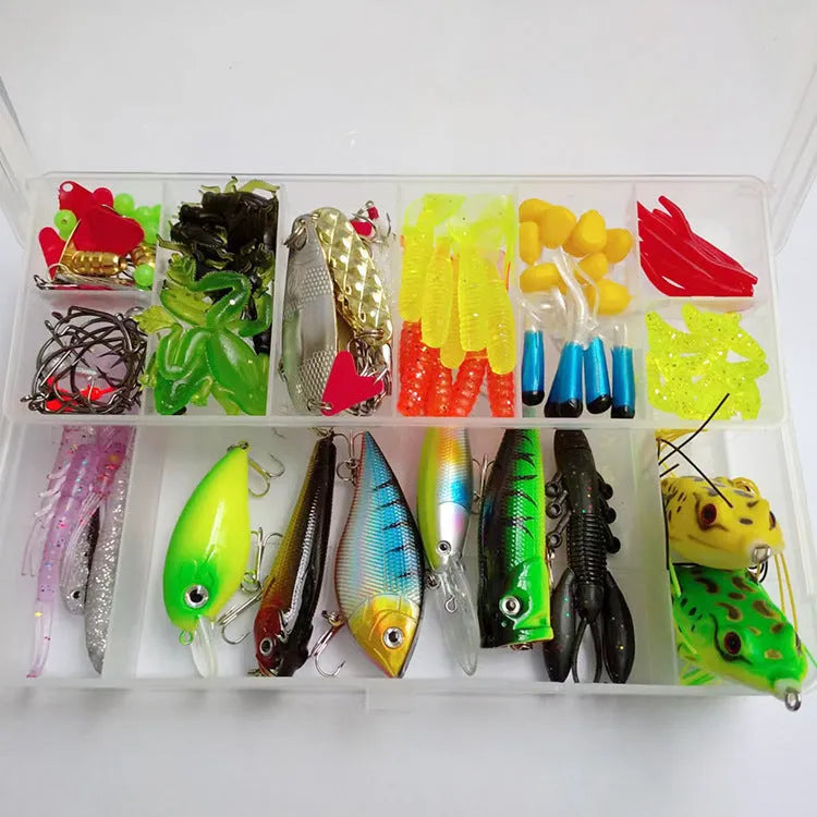 142-piece fishing lure set with hard mino baits, sequins, hooks, and fishing pliers arranged together