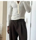 Men's cream coloured ribbed long sleeve Henley top with button placket