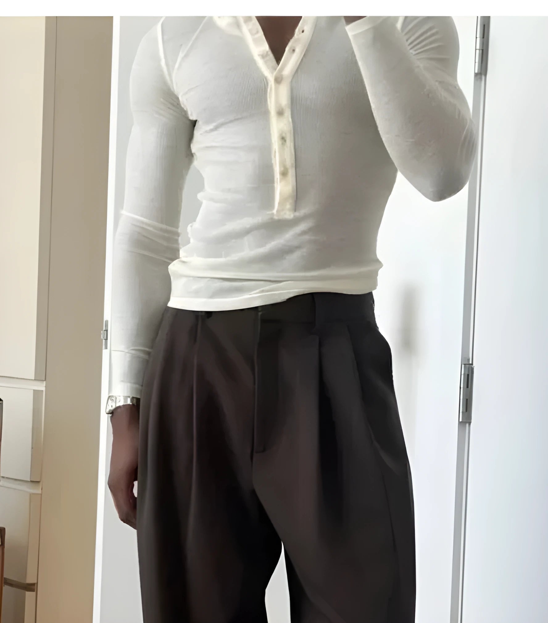 Men's cream coloured ribbed long sleeve Henley top with button placket
