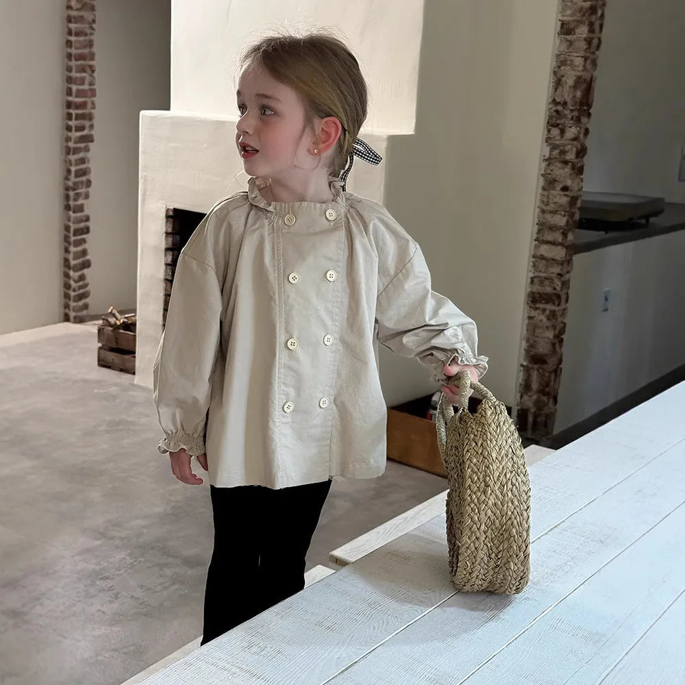 Girls cotton double breasted trench coat solid colour red short length spring summer