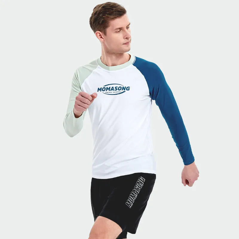 Men's white long-sleeved swimming top with matching double-layer beach swim trunks set