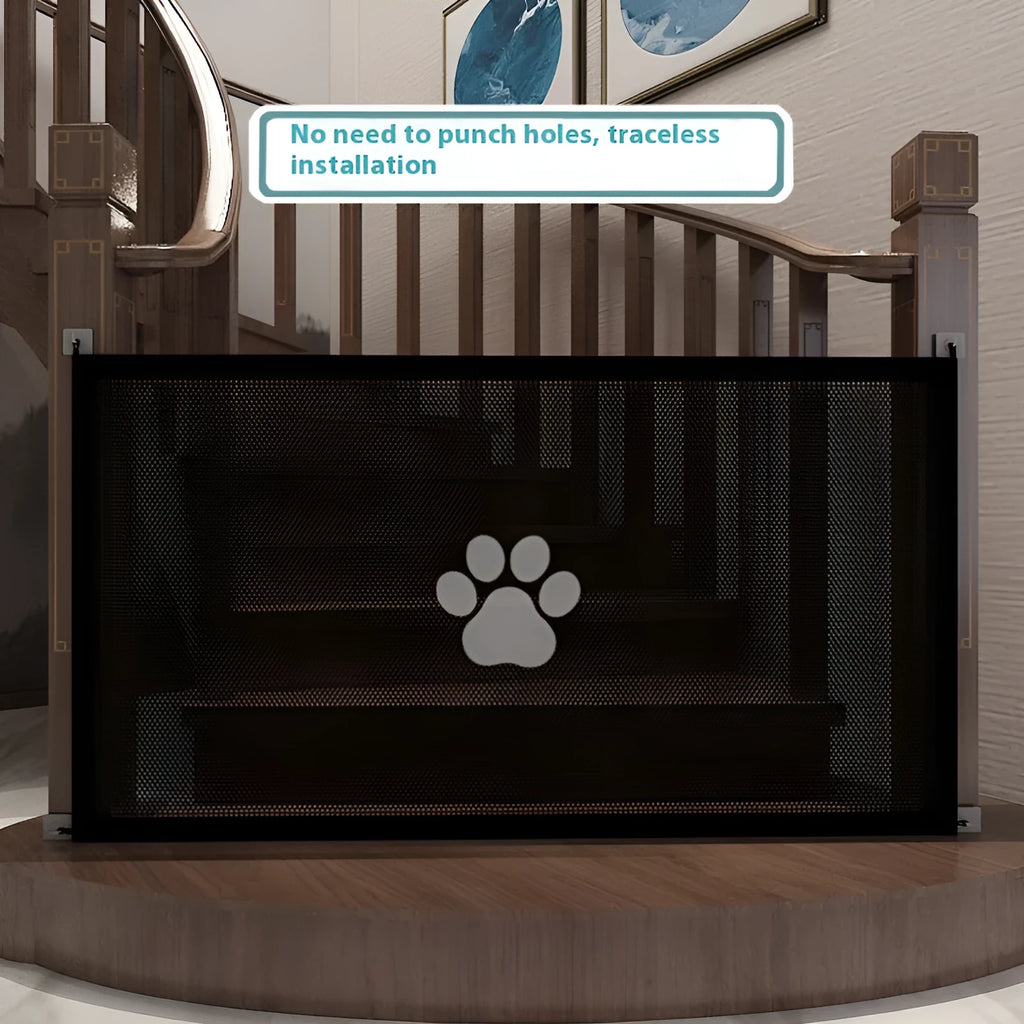 Folding dog barrier fence showing black dog footprint design on white background
