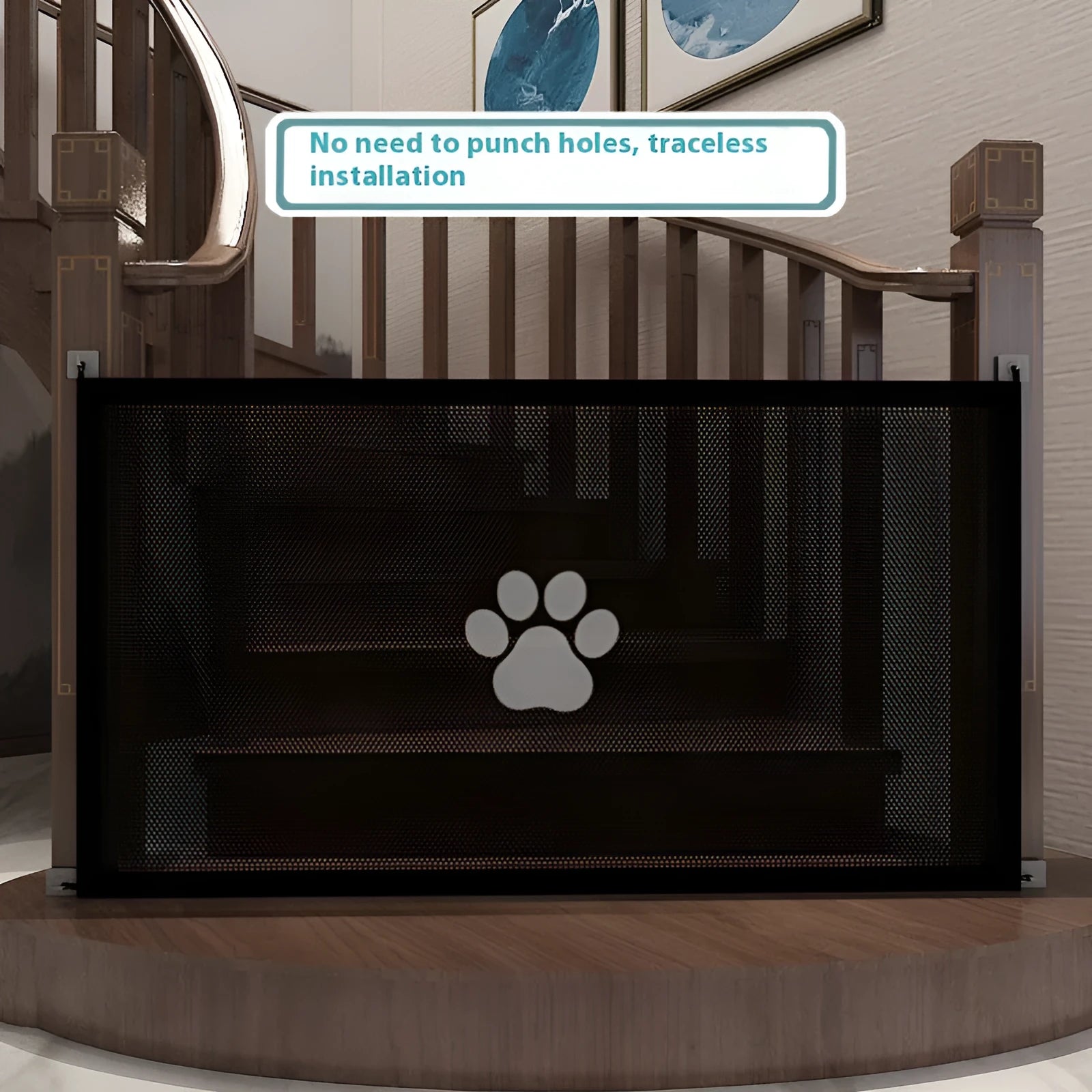 Folding dog barrier fence showing black dog footprint design on white background