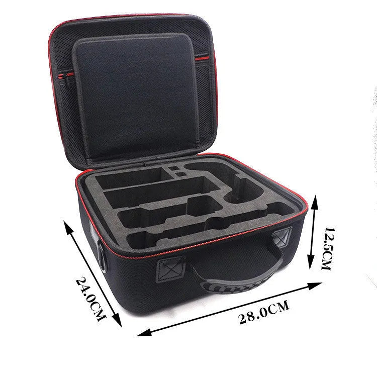 Black EVA game console accessory storage bag showing dimensions and 5kg load capacity for controllers and cables