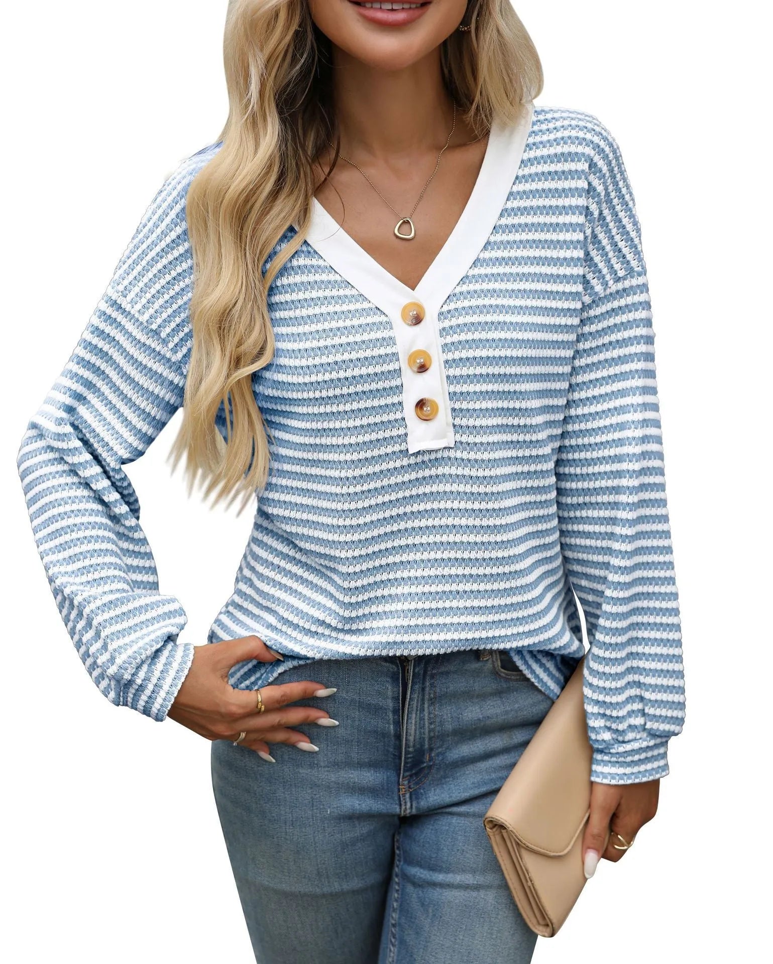 Women's patchwork V-neck casual top in loose fit with long sleeves