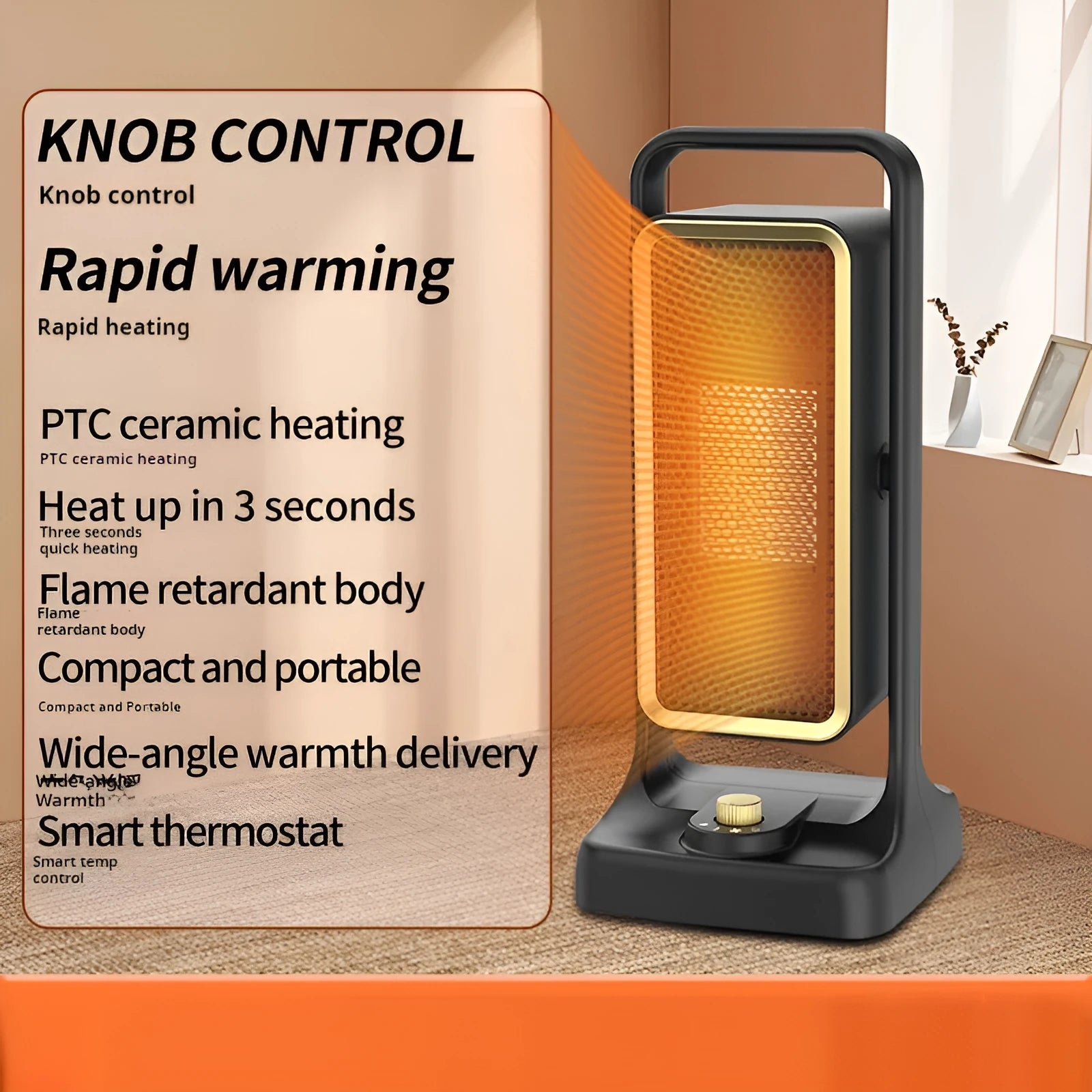 Black PTC ceramic desktop heater with control knob and compact design for room heating