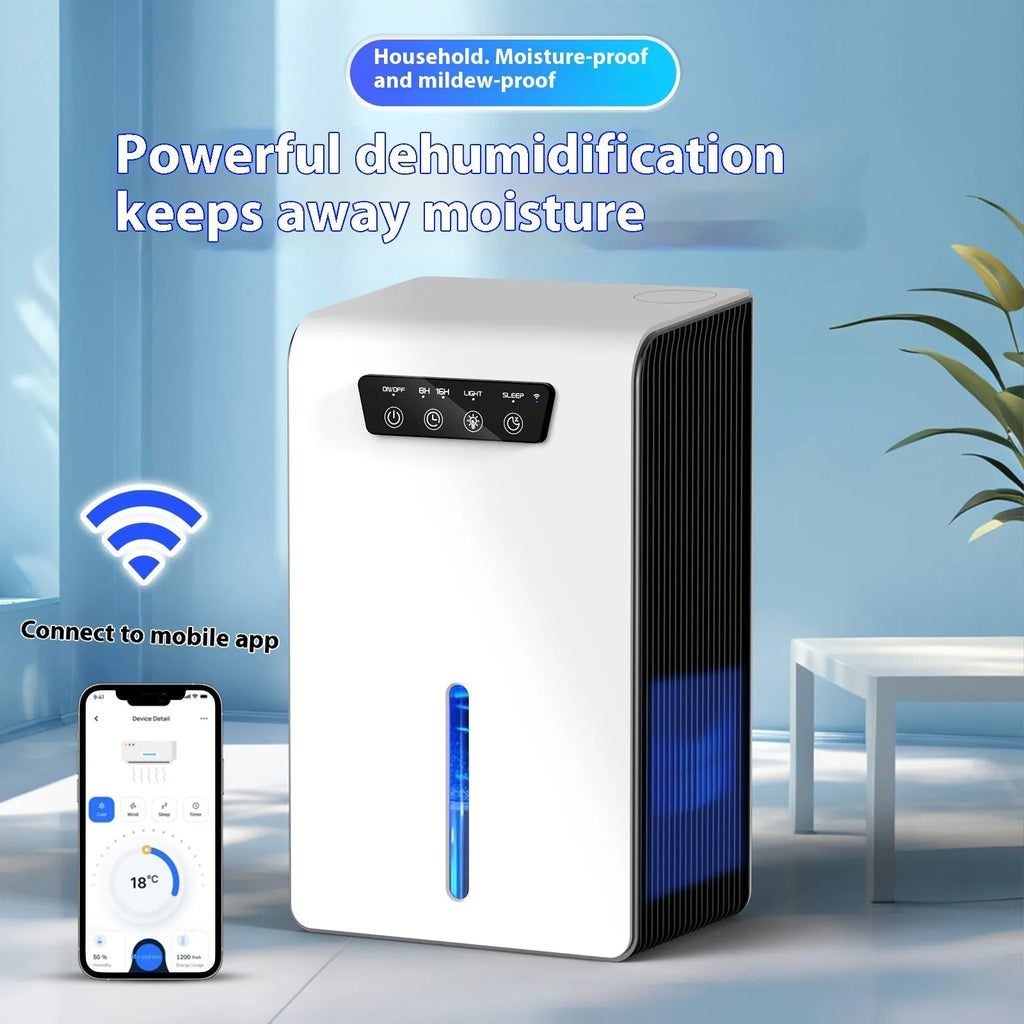 Milky white household dehumidifier for bedroom use with silent operation