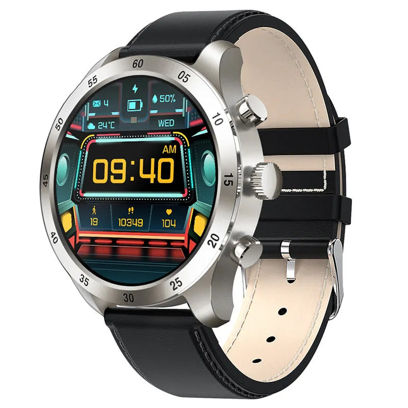 Black smart watch with touch screen displaying heart rate and call functions
