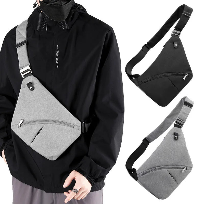 Men's Oxford cloth chest bag with single shoulder strap in grey or black colour with letter pattern.