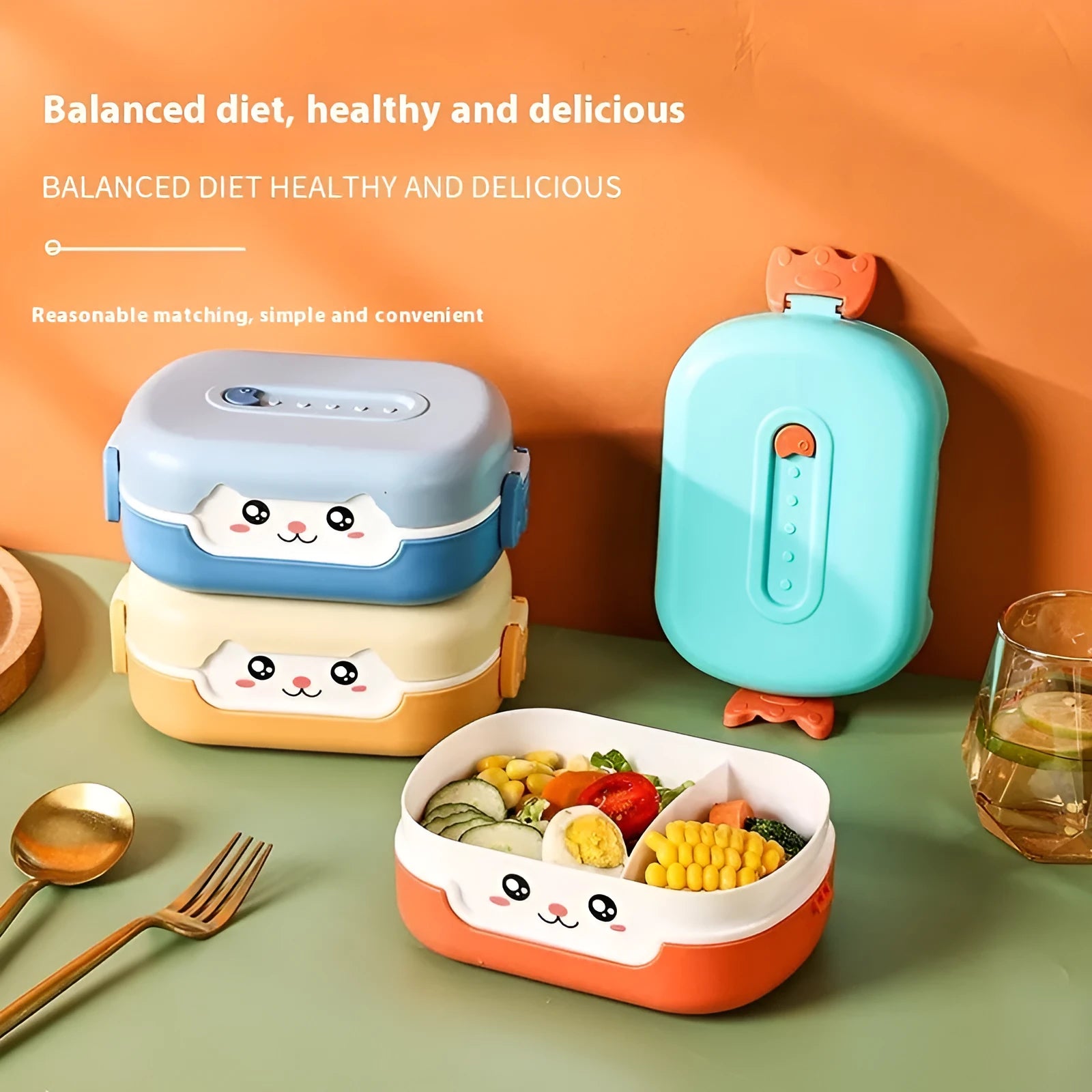 Square plastic divided lunch box in dark blue, orange yellow, and pink green colors for students