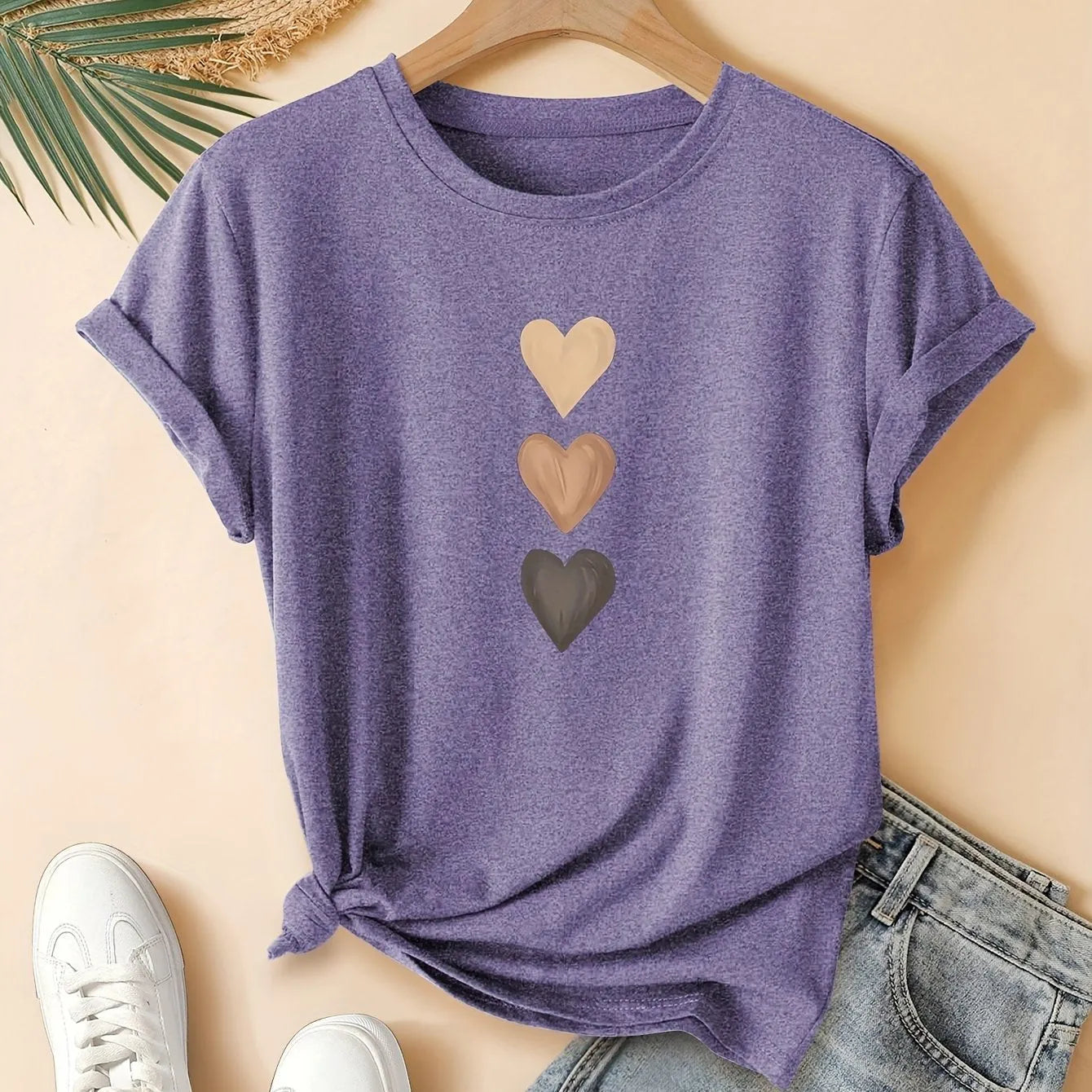 Women's pure cotton short sleeve t-shirt with a printed three-heart pattern in a Chinese retro style, shown in blue.