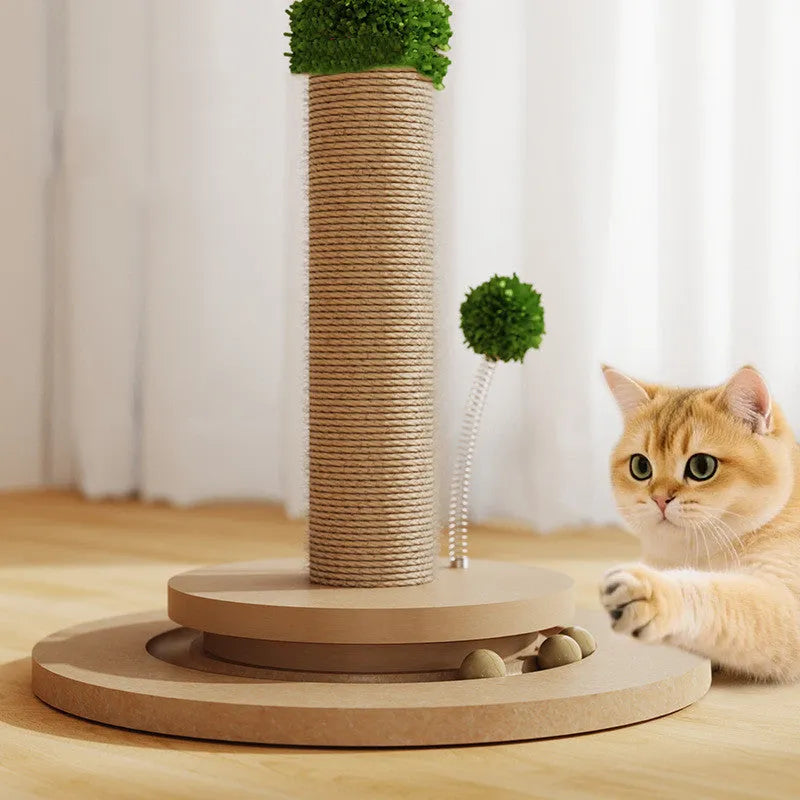 Canna-coloured cat climbing frame with hemp rope scratch posts and density board construction.