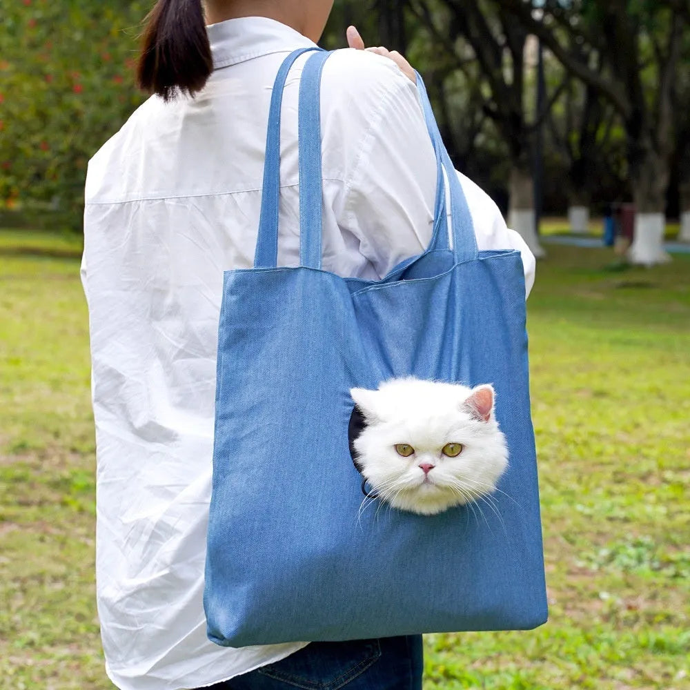 Soft canvas pet shoulder carrier bag with cartoon print for small dog or cat