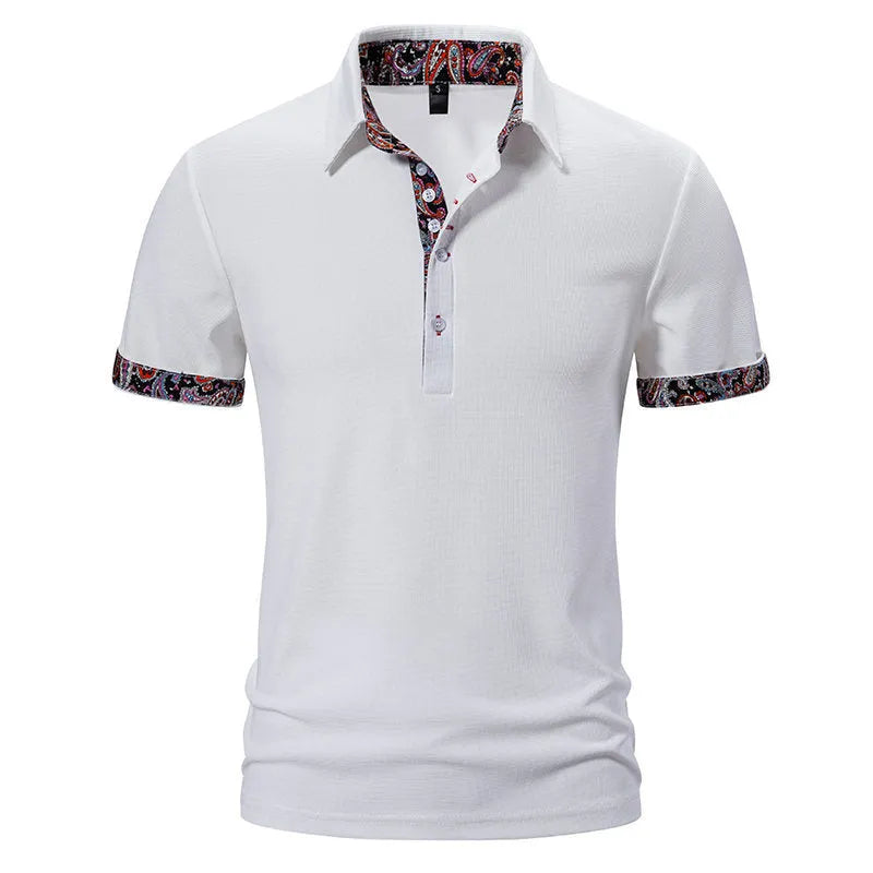 Men's white short sleeve polo shirt with colour stitching on the turnover neck collar