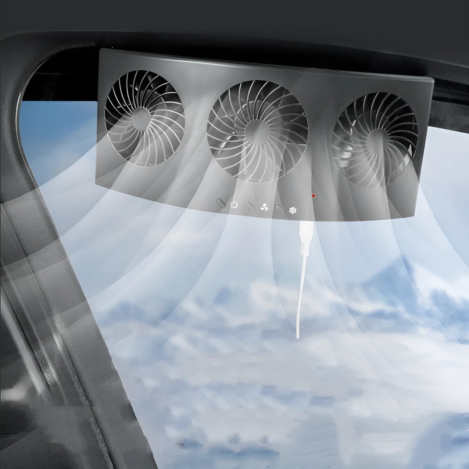 Black and white car ventilation fan for exhaust odour with USB cable on a car seat