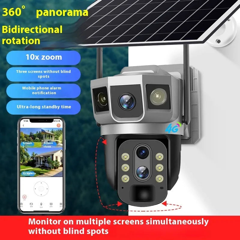 V380 4G outdoor smart monitor camera with triple-screen display showing multiple camera feeds