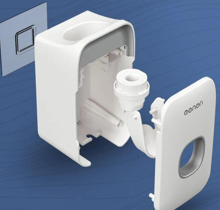 Automatic toothpaste dispenser in blue colour mounted on bathroom wall