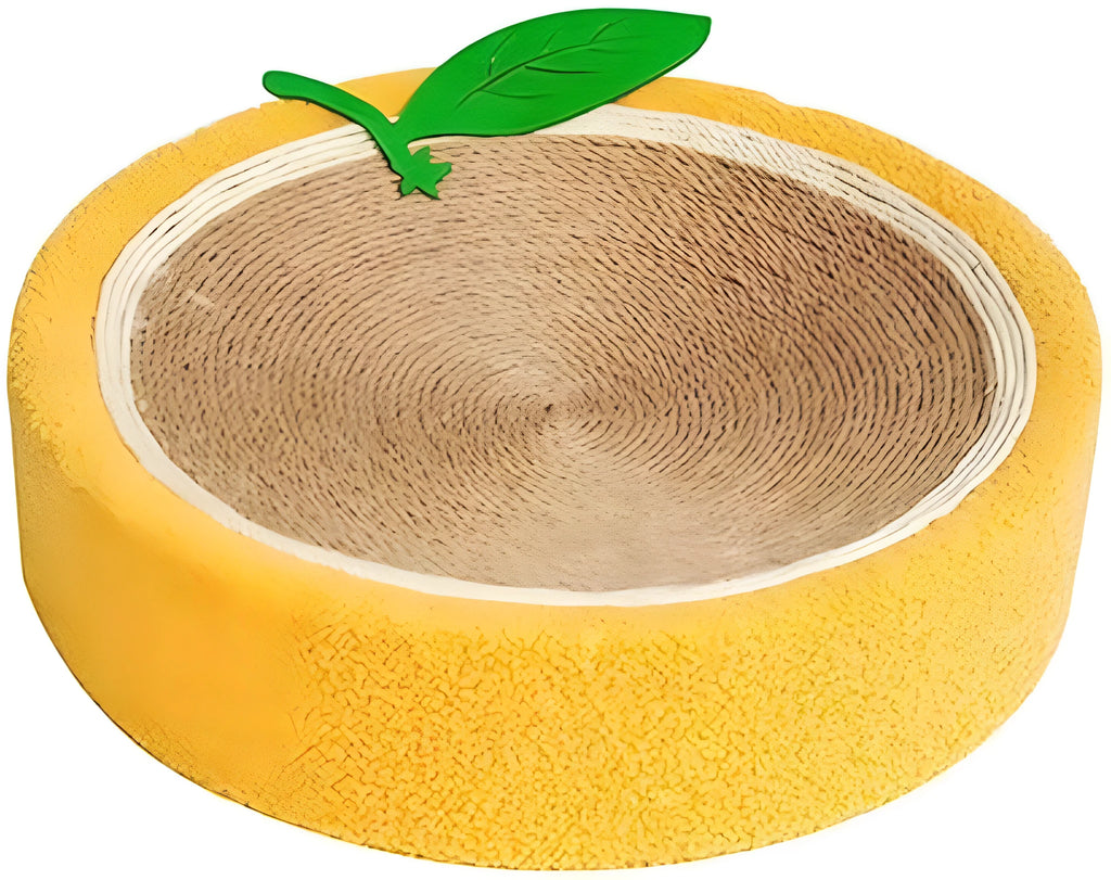 Yellow round cat scratching board with sisal surface and slightly concave centre for sleeping