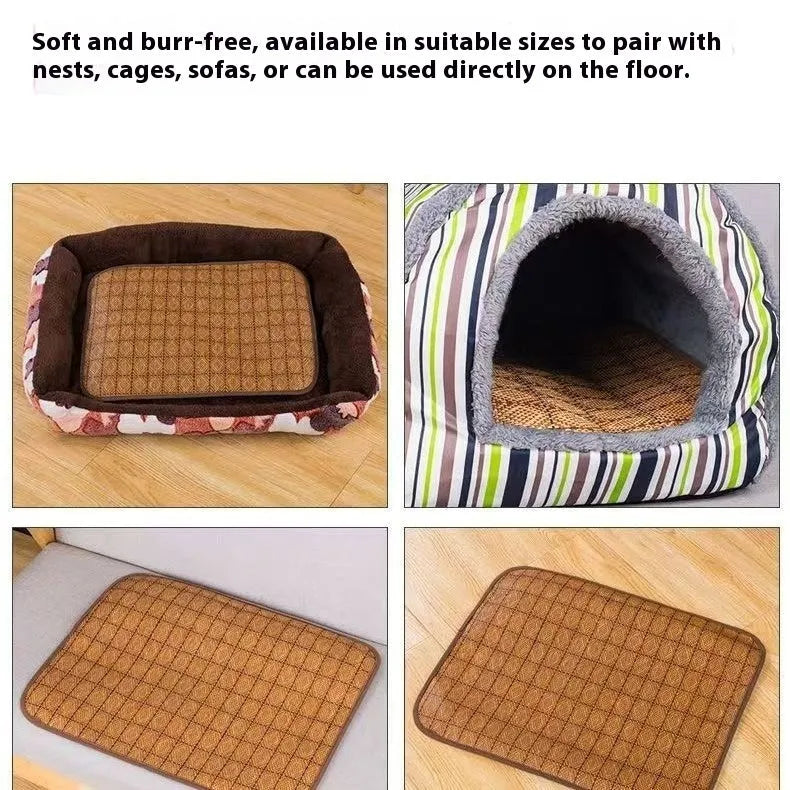 Brown rattan fibre dog cooling mat shown in multiple size options