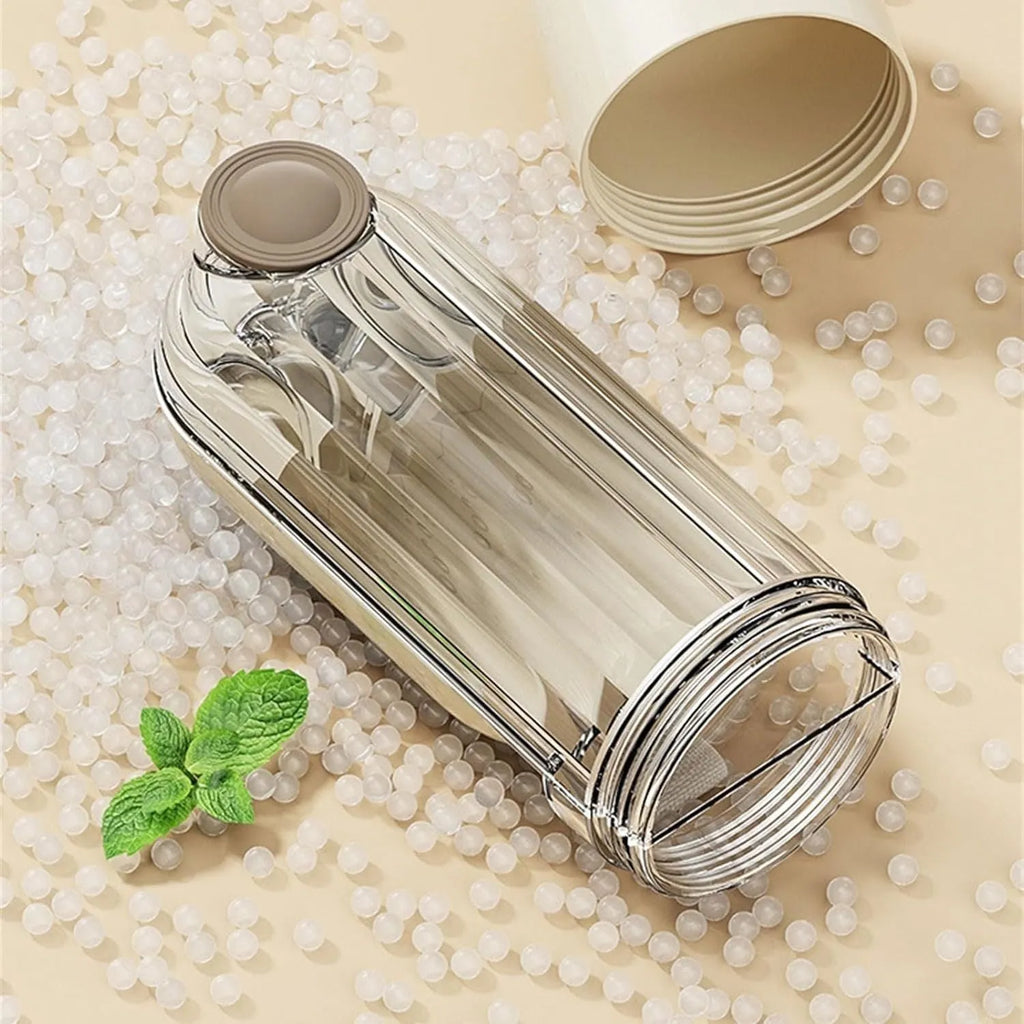 Beige foldable dog water bottle with food dispenser base, shown with dimensions.