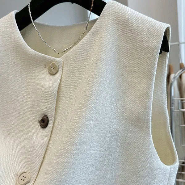French style round neck bandage vest for women in polyester fabric, available in milky white or black