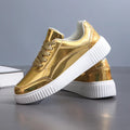 Rose gold sequinned platform sneakers with round toe and thick MD sole