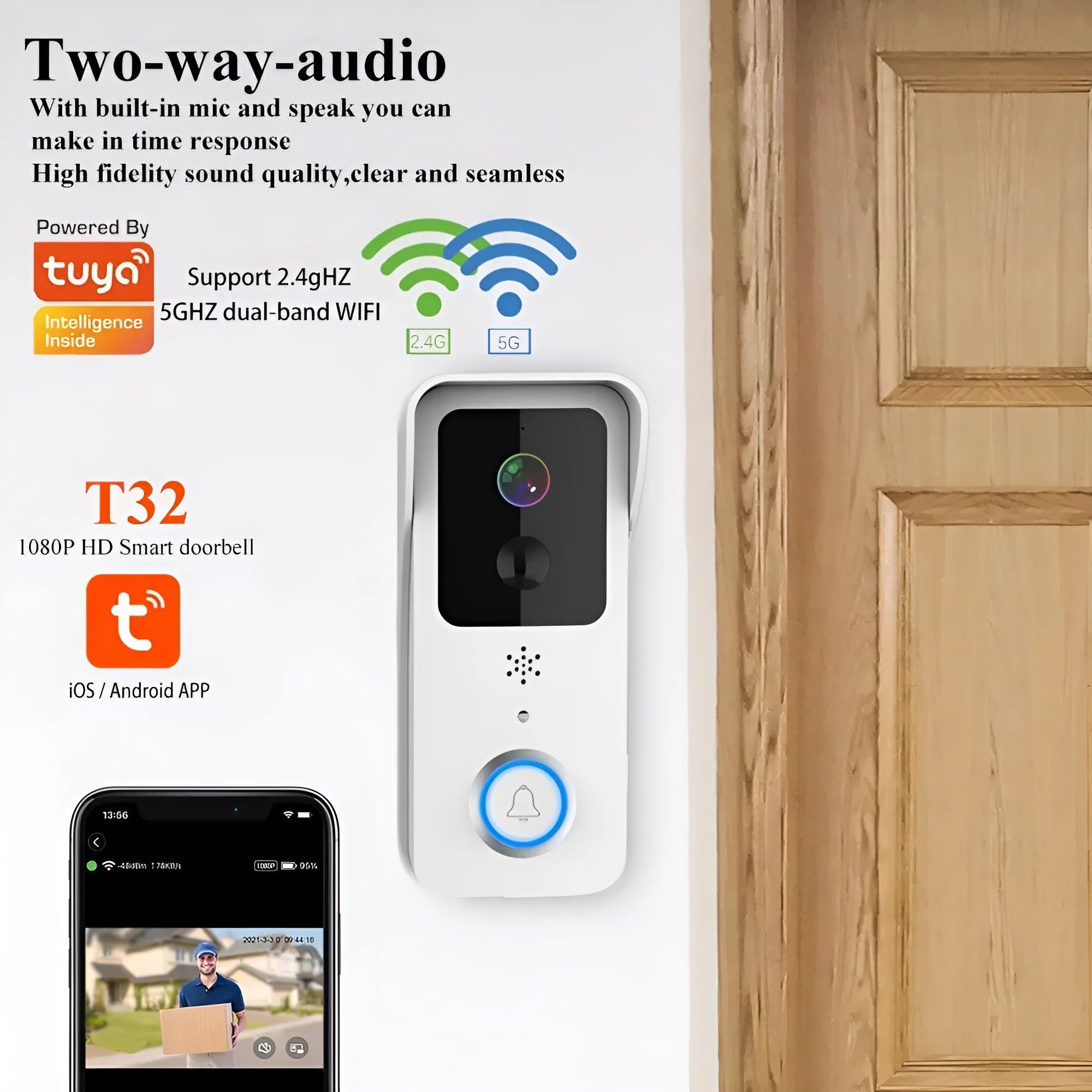 T321080P model visual doorbell unit for wireless home security with APP notifications