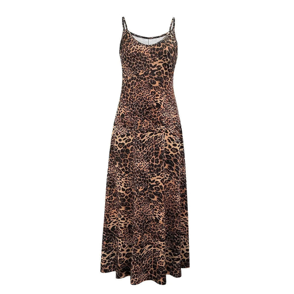 Dark brown leopard print sleeveless dress with round neck and shoulder strap design in milk silk polyester fabric