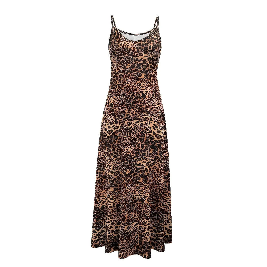 Dark brown leopard print sleeveless dress with round neck and shoulder strap design in milk silk polyester fabric