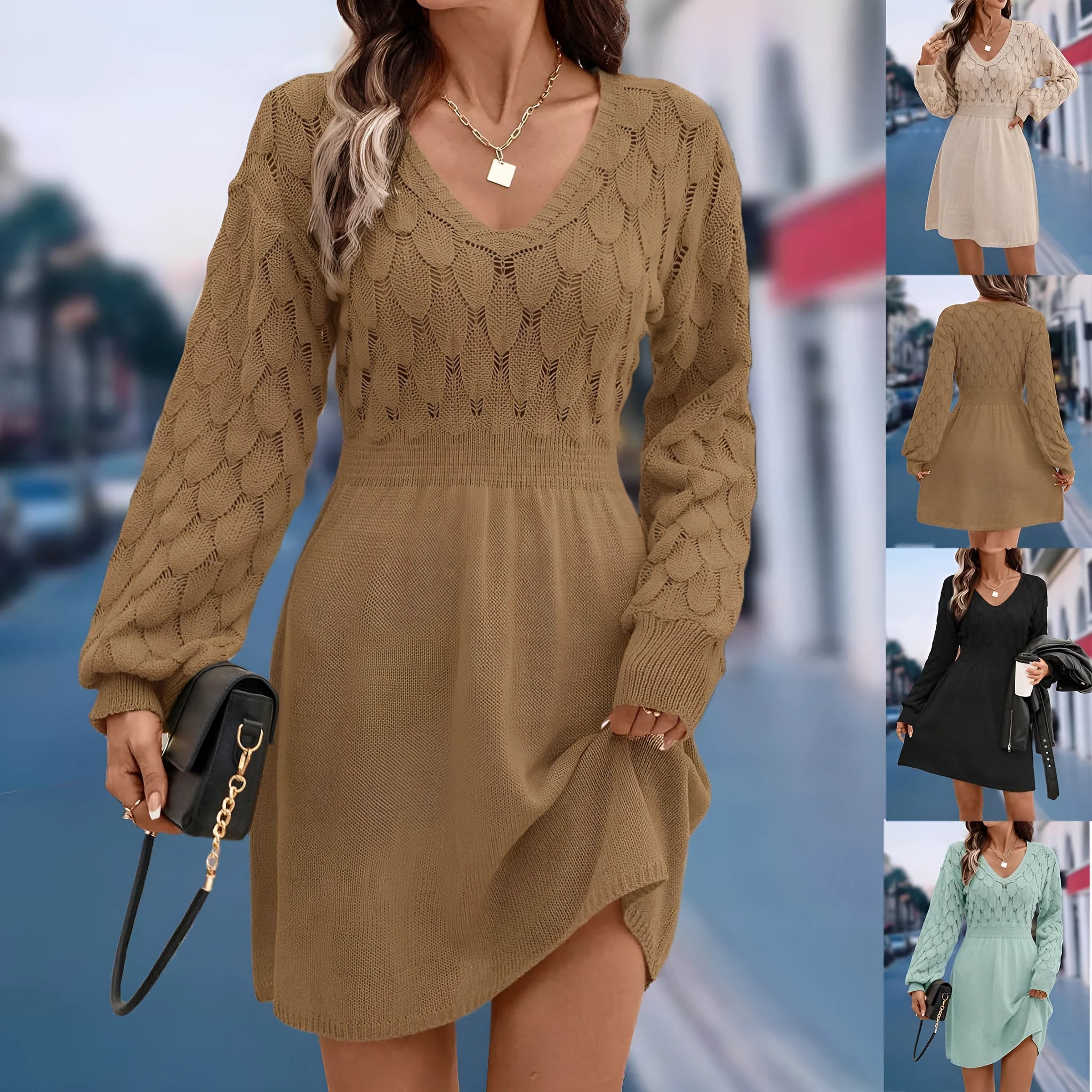 Women's V-neck artistic retro dress with high waist and 3D pattern in acrylic fibre