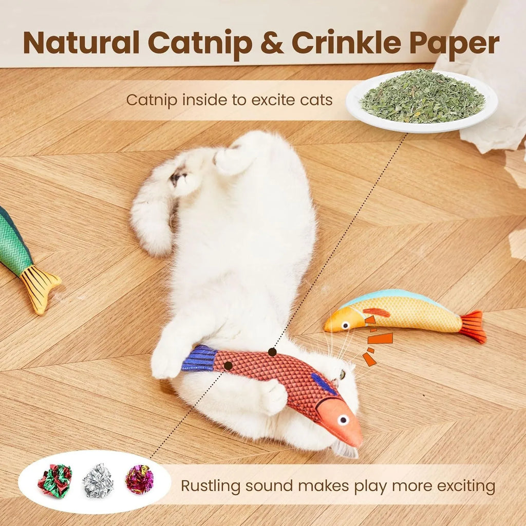 Soft green plush fish-shaped cat toy filled with organic catnip for interactive play.