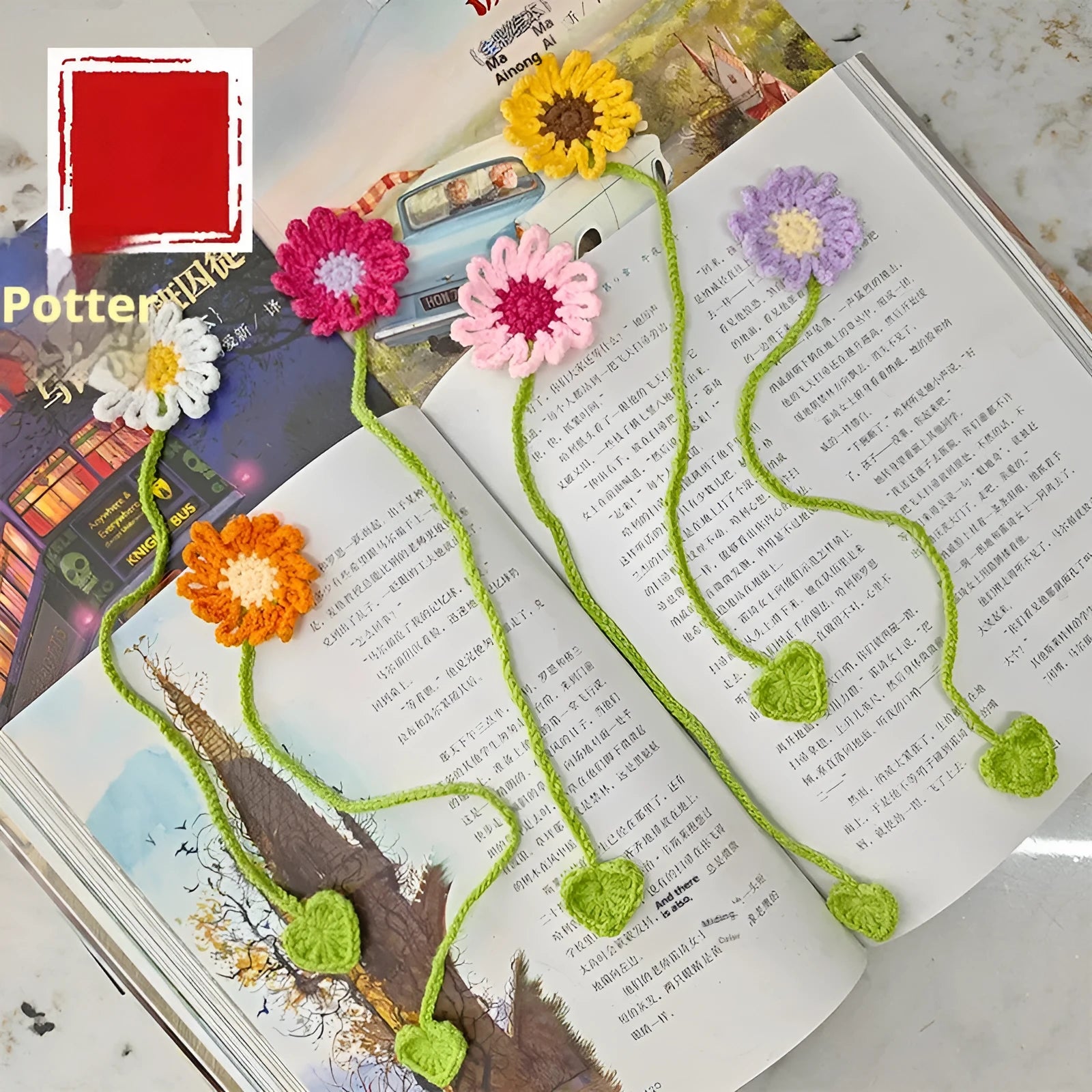 Hand-crocheted wool daisy bookmark with flexible wire in multiple colour options