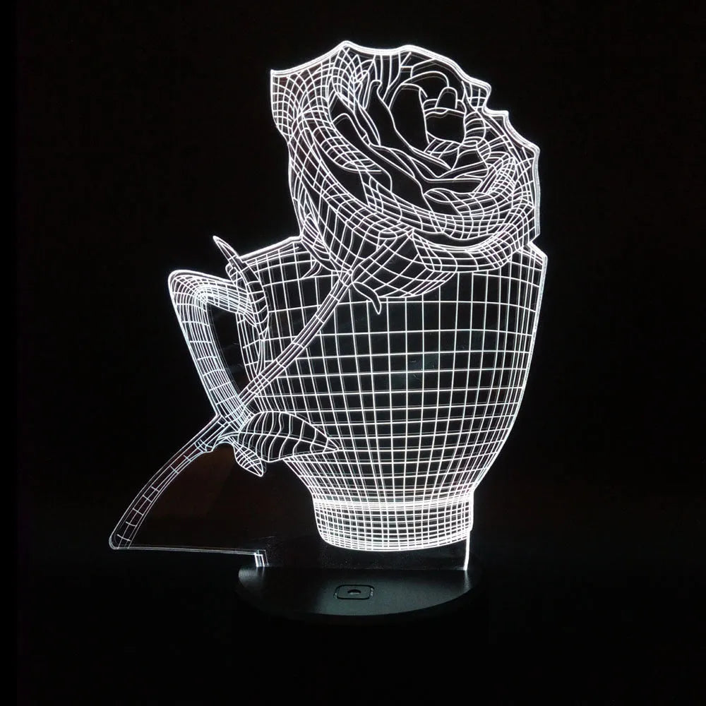 3D acrylic rose flower LED night light with remote control on a dark surface, showing colourful illumination.