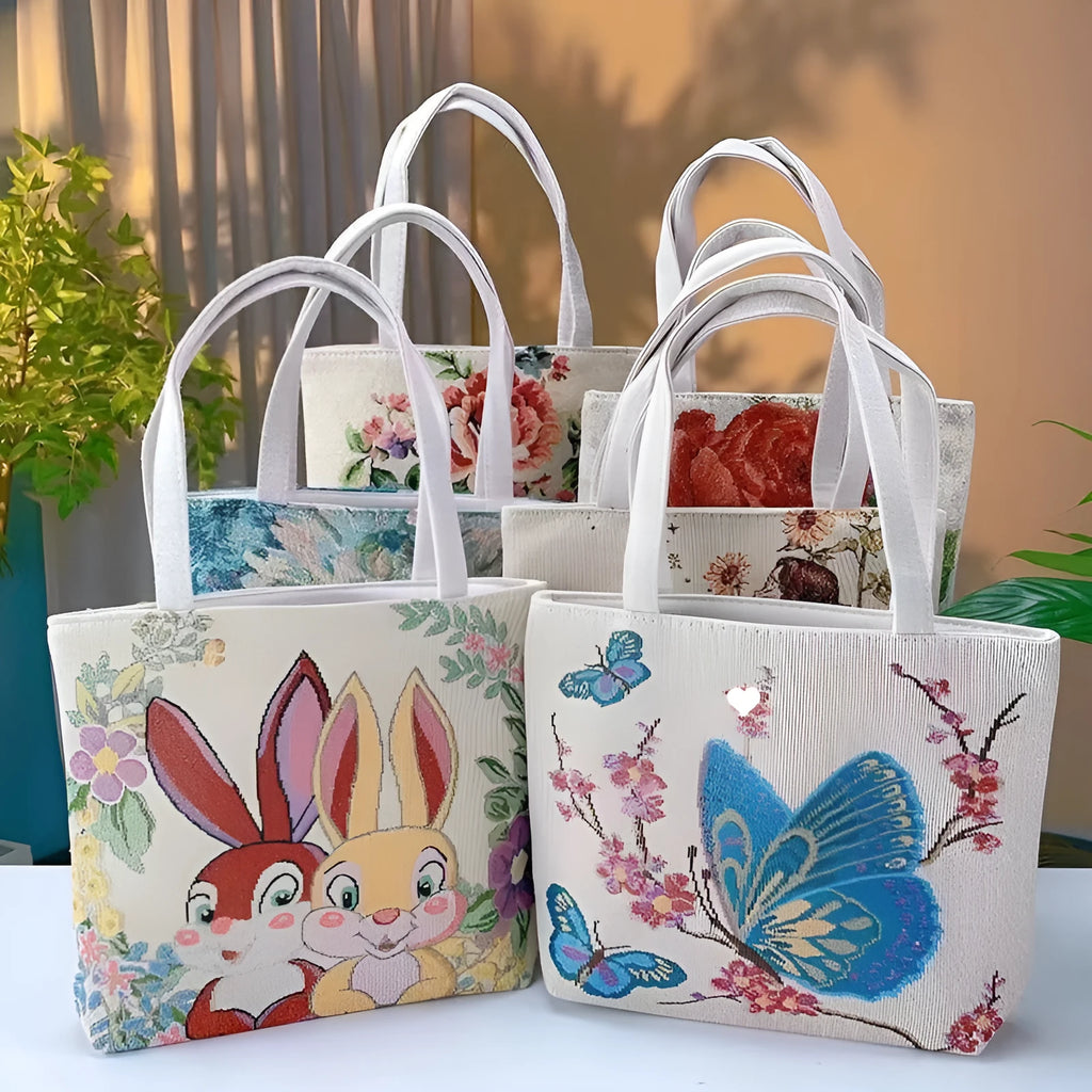 Canvas handbag with gold wire embroidery in floral and illustrative designs