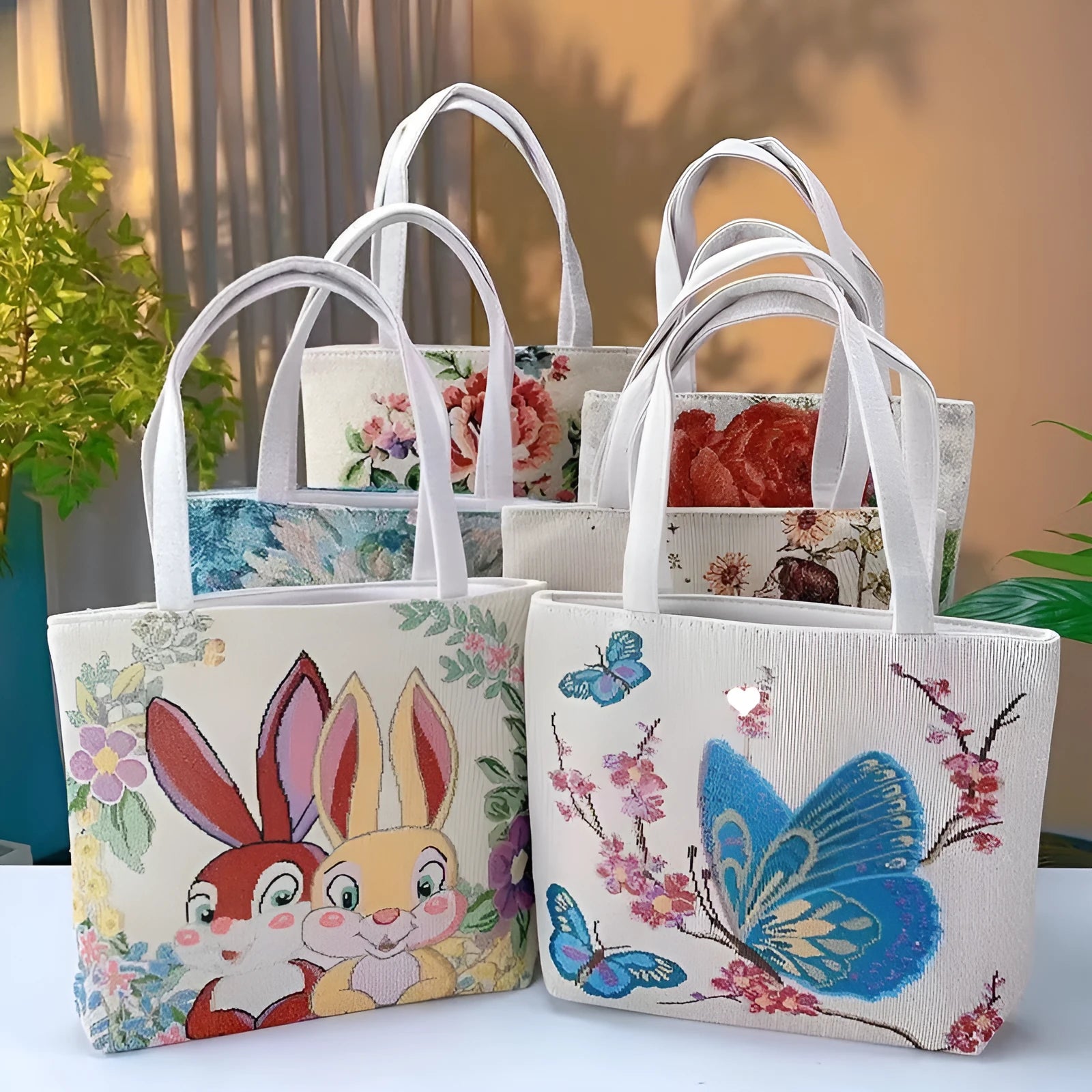 Canvas handbag with gold wire embroidery in floral and illustrative designs