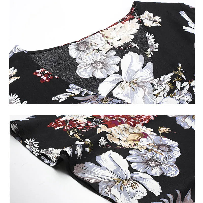 Women's floral print V-neck dress with elastic high waist and short sleeves in yellow