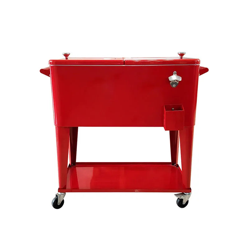 Red outdoor metal insulated trolley with 750ml capacity for beverage temperature control during picnics