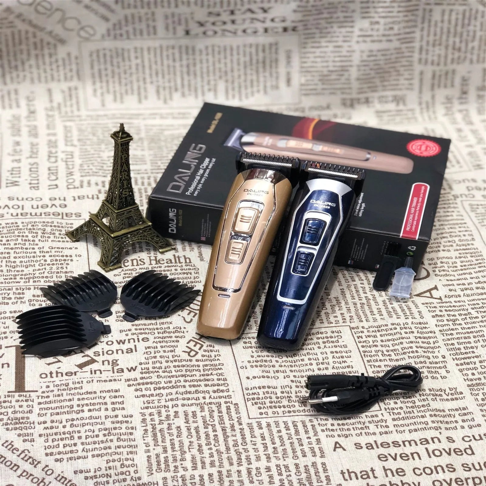 Rechargeable electric hair clipper with stainless steel blades in dark blue or coffee colour with European plug