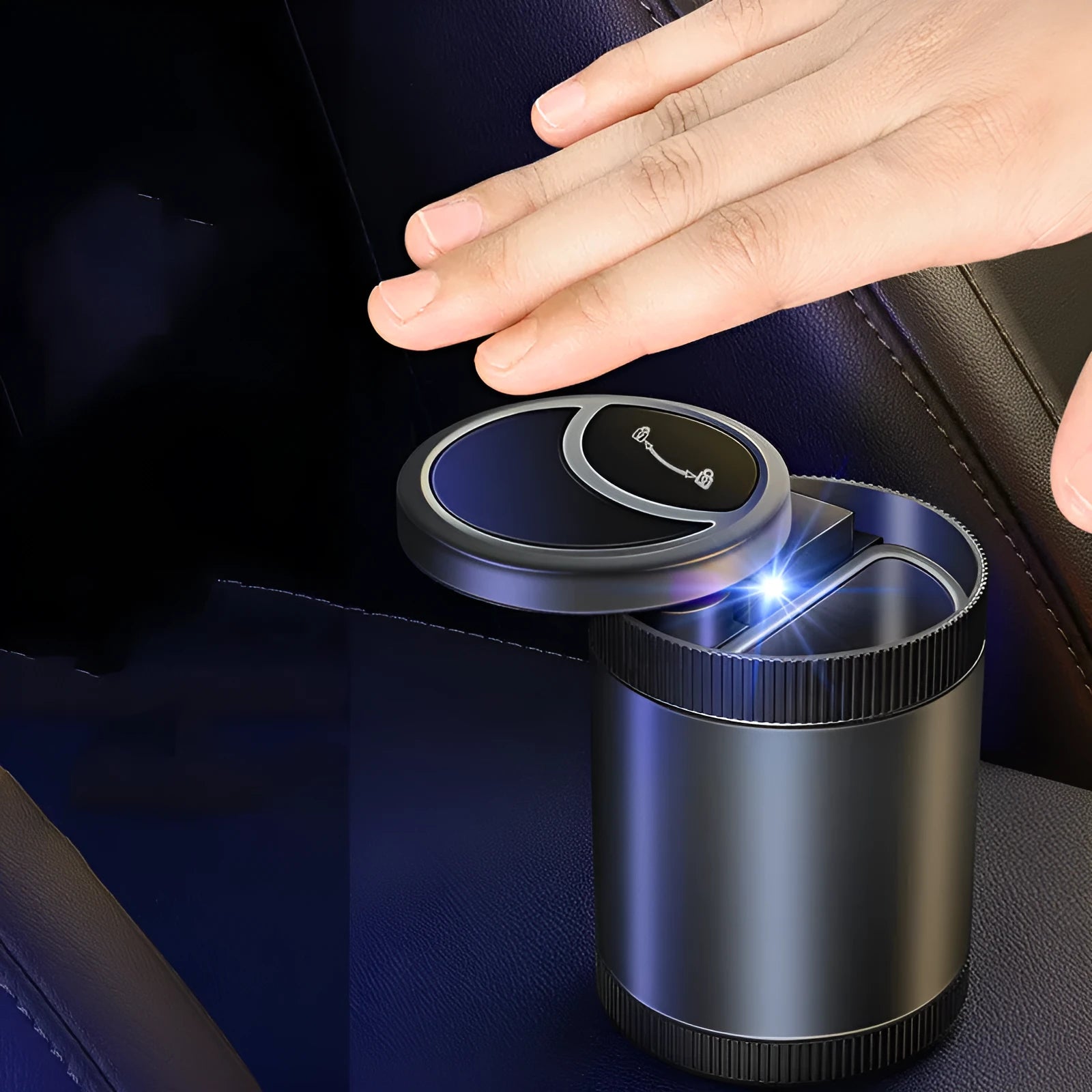 Automatic sensing vehicle ashtray with USB port in grey, black, red, or blue