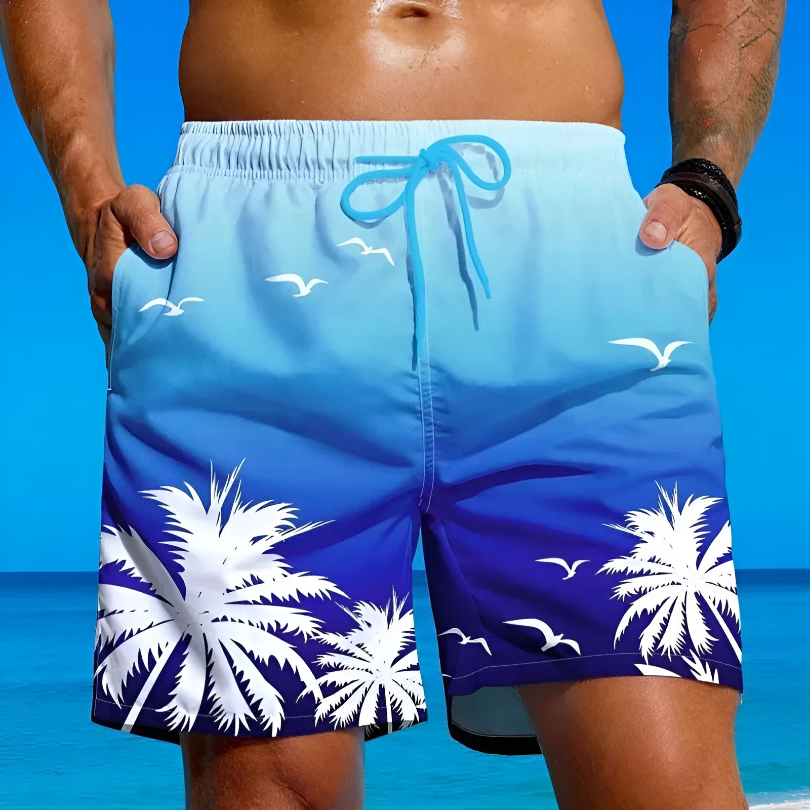 Men's loose board swimming trunks in polyester fiber with ethnic style design available in multiple colours