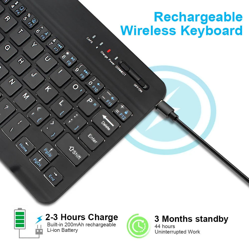 Black and white mini Bluetooth wireless keyboard shown in 7 inch, 9 inch, and 10 inch size options.