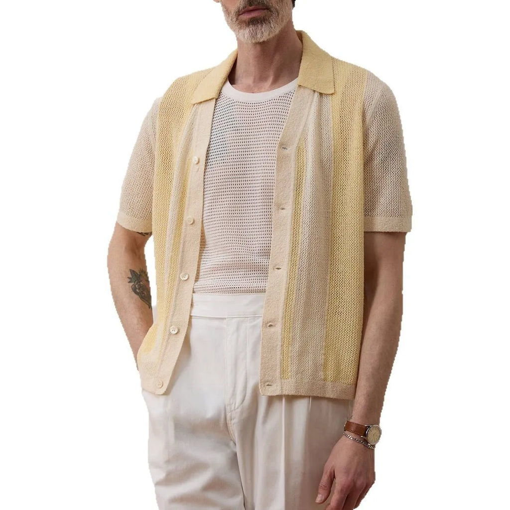 Yellow casual polo shirt with asymmetric hollow-out design and short sleeves.