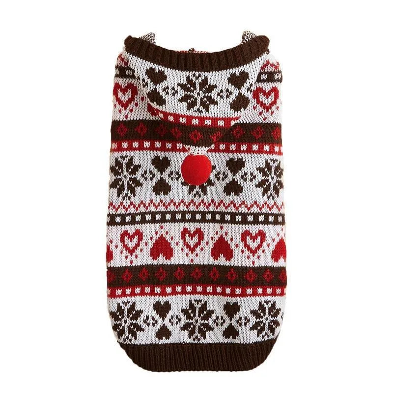 Knitted acrylic dog sweater with striped camouflage pattern and snowflake love design for small breeds