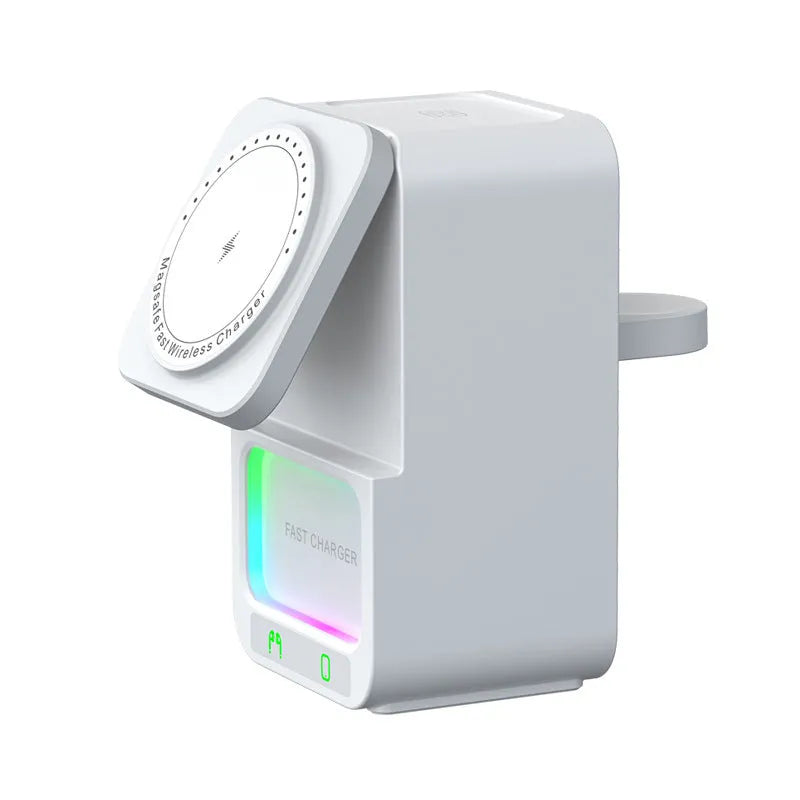 White Bluetooth speaker wireless charging station with QC3.0 fast charging capability