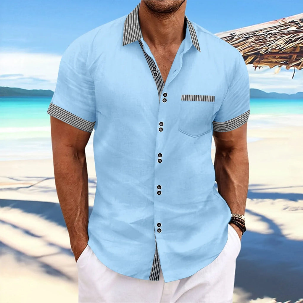 Man wearing a slim fit striped casual shirt with double button short sleeves in pure cotton.