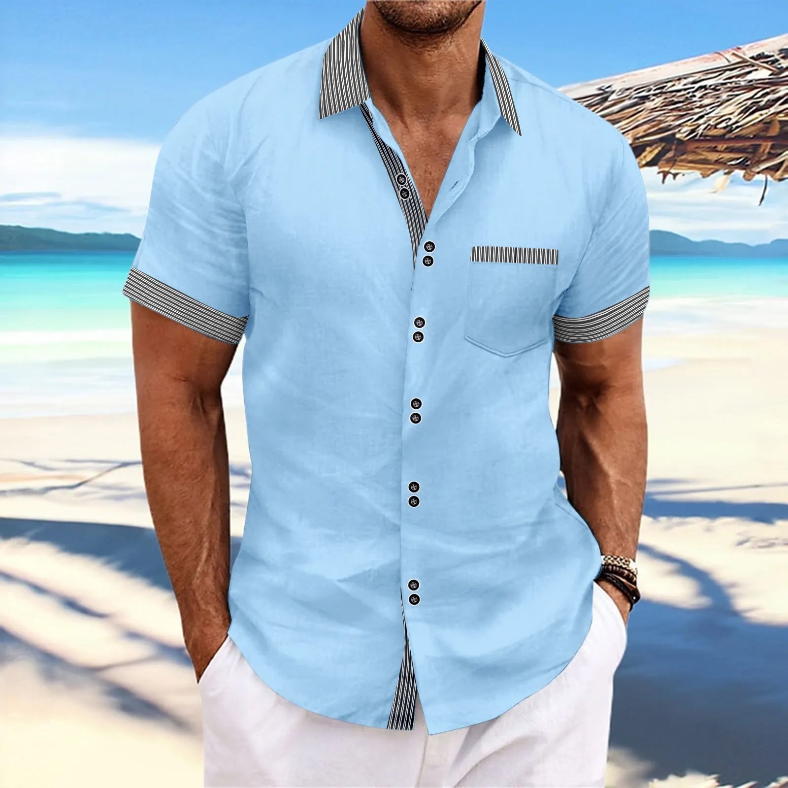 Man wearing a slim fit striped casual shirt with double button short sleeves in pure cotton.