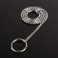 Metal dog collar in silver finish on white background with metal buckle
