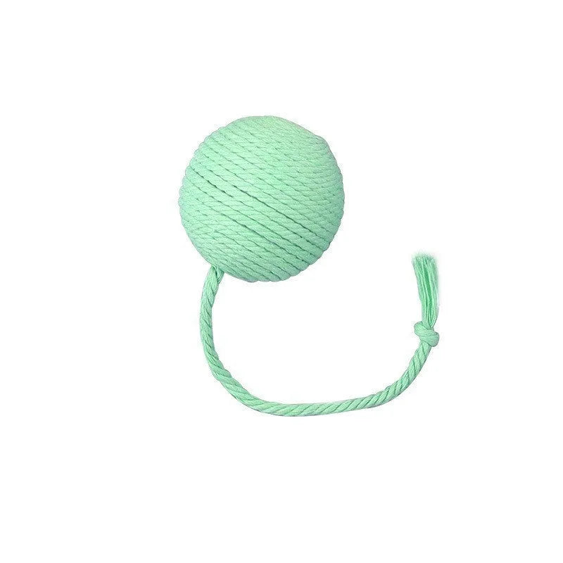 Green and pink soft plush cat toy balls with rope tails and internal bells