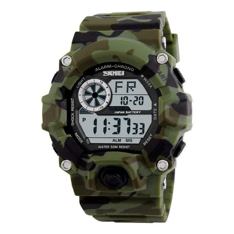Waterproof electronic sports watch with round dial and plastic strap in camouflage green colour
